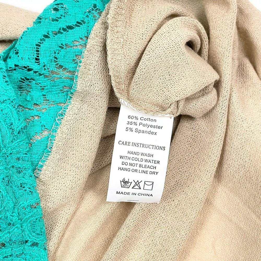 Grace & Emma Women's Sz M Beige Long Sleeve Asymmetrical Shirt w/ Turquoise Lace - Picture 10 of 10